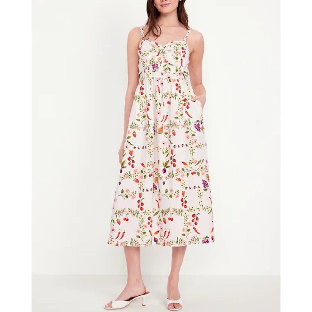 Old Navy Midi Dress Red Floral Fit Flare Seersucker Preppy Boho Vacay Large NWT